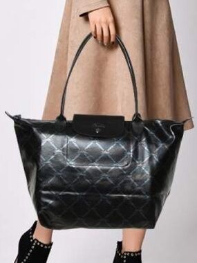 LONGCHAMP Limited Edition LM Metal Le Pliage Black Tote Bag Leather RARE